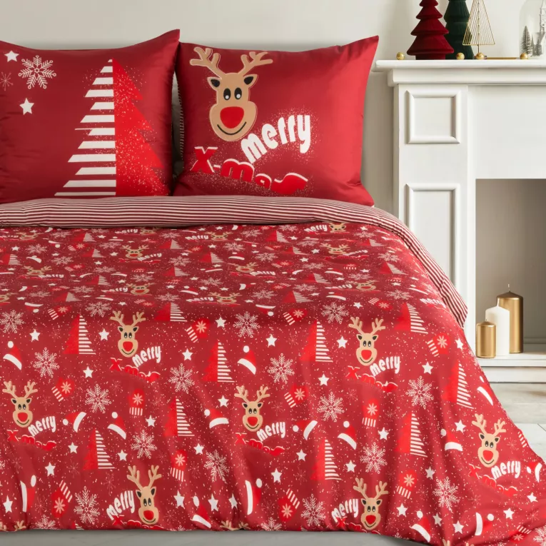 Pościel świąteczna 140x200 cm bawełniana kolor bordowy, biały w reniferki BERGEN Eurofirany