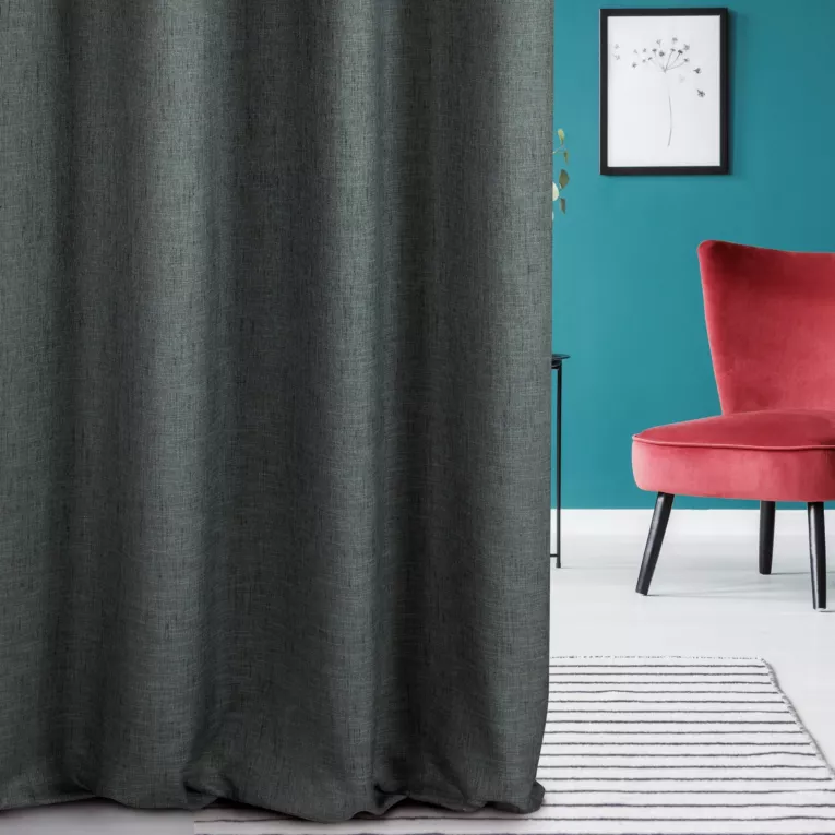 Zasłona szyta na flexach GEONOA grafitowa z miękkiej tkaniny o naturalnym charakterze z widocznym ozdobnym splotem