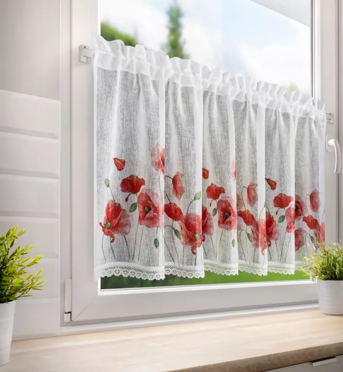 Zazdrostka biała MARI z etaminy w stylu sielankowym w kwiaty maków 150x60 cm na tunelu EUROFIRANY