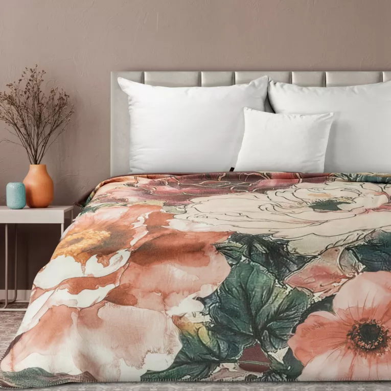 Koc akrylowy 150x200 cm pomarańczowo, kremowy z malarskim kwiatowym nadrukiem CHLOE EUROFIRANY PREMIUM Eurofirany