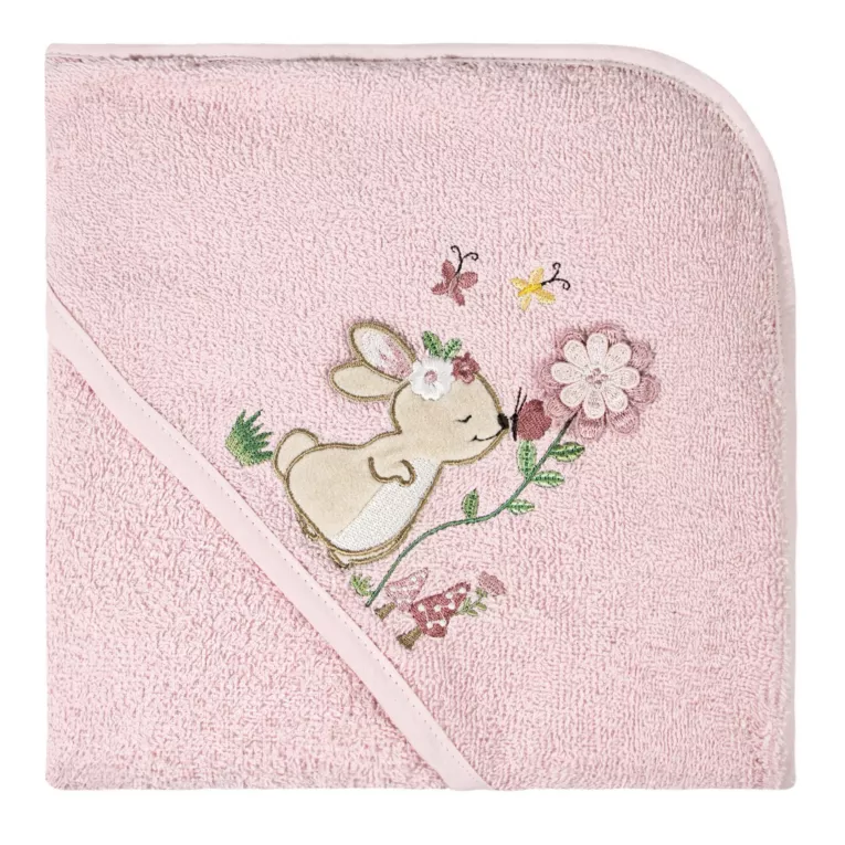 Ręcznik kąpielowy dziecięcy 100x100 cm bawełniany kolor różowy z kapturem i motywem króliczka 350g/m2 BABY 47 Eurofirany
