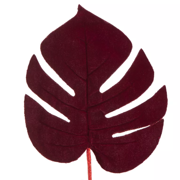Bordowa gałązka dekoracyjna na choinkę liść monstery z welwetu 20x16 cm Eurofirany