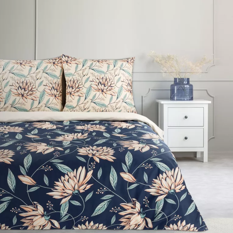 Pościel 140x200 cm bawełniana kolor granatowy, jasnobeżowy z wzorem kwiatowym NIKA 49 Eurofirany