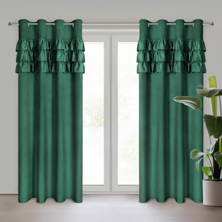 Zasłona ciemnozielona zdobiona falbanami z welwetu 140x250 cm przelotka SAMI Eurofirany