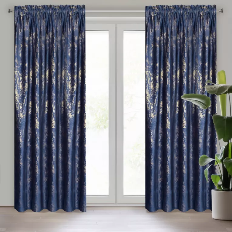 Zasłona granatowo, złota z efektem błyszczącej przecierki z welwetu 135x270 cm na taśmie KORNELIA Eurofirany