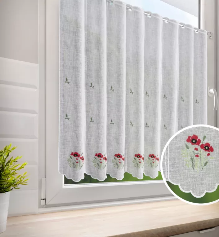 Tkanina firanowa zazdrostka z etaminy zdobiona haftowanymi kwiatami Eurofirany