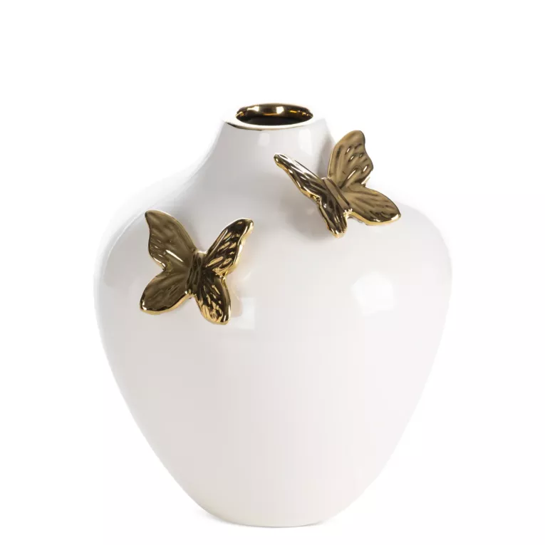 Wazon dekoracyjny kremowo, złoty zdobiony uroczymi motylami 18x17x20 cm ASTRID Eurofirany