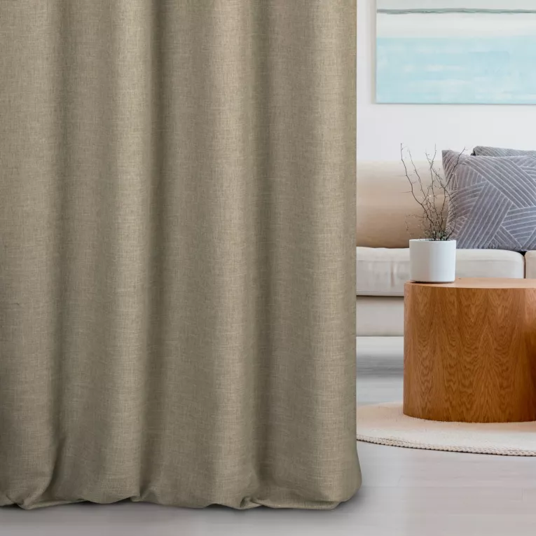 Zasłona szyta na flexach GEONOA ciemnobeżowa z miękkiej tkaniny o naturalnym charakterze z widocznym ozdobnym splotem