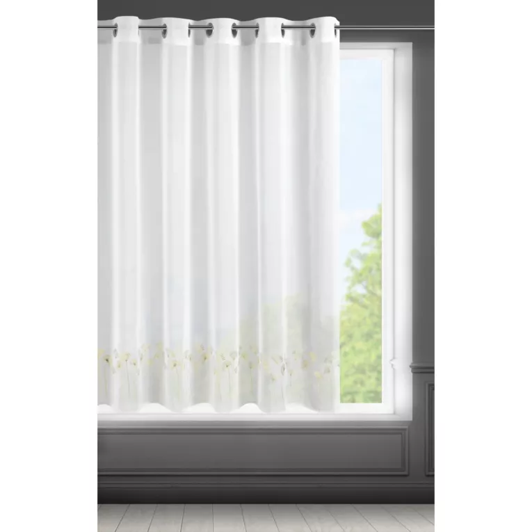 Firana z etaminy biała w DMUCHAWCE ze złotym nadrukiem 300x150 cm na przelotkach Eurofirany