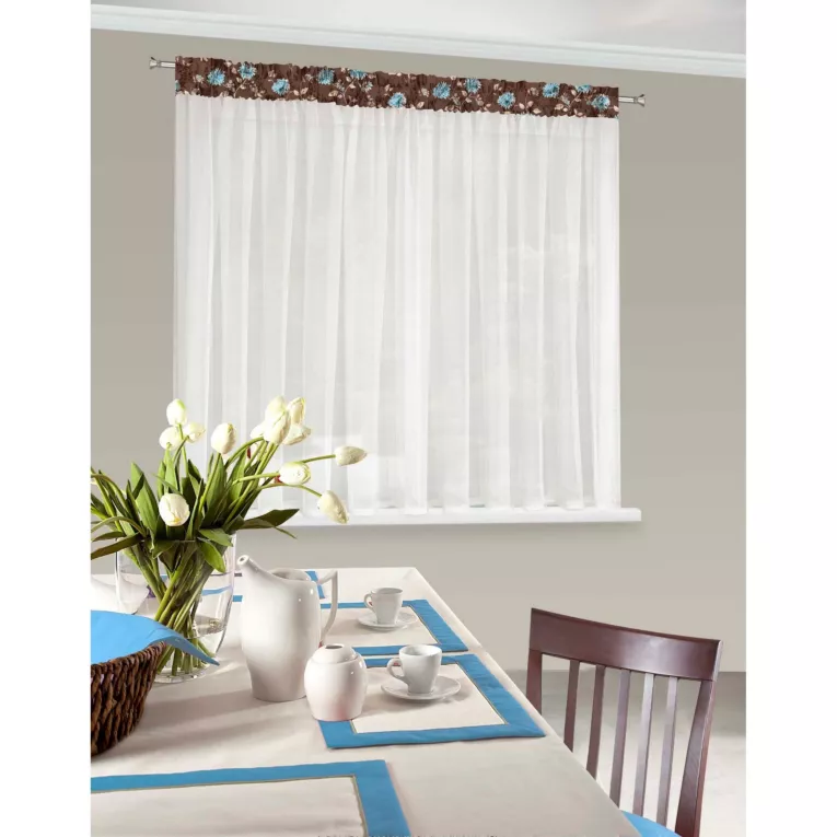 Firana z ozdobną wstawką w kwiaty tunel z grzywką 400x150cm