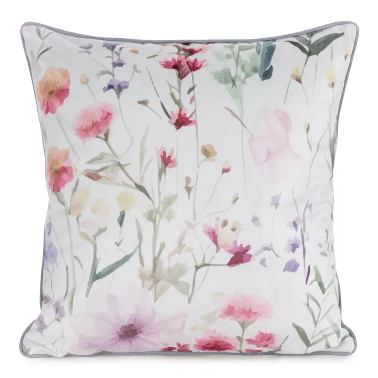 Poszewka na poduszkę 45x45 cm welwetowa z nadrukiem pastelowych kwiatów i ozdobną kontrastującą wypustką biało, różowa VELVET 148 EUROFIRANY PREMIUM