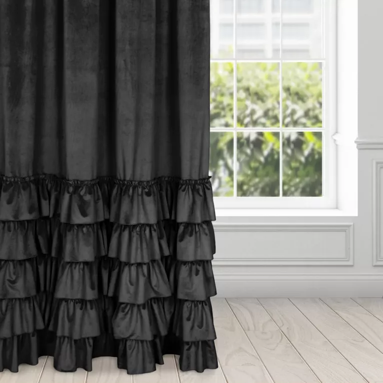 Zasłona czarna z welwetu zdobiona falbanami 140x270 cm taśma CHARLOTTE Eurofirany