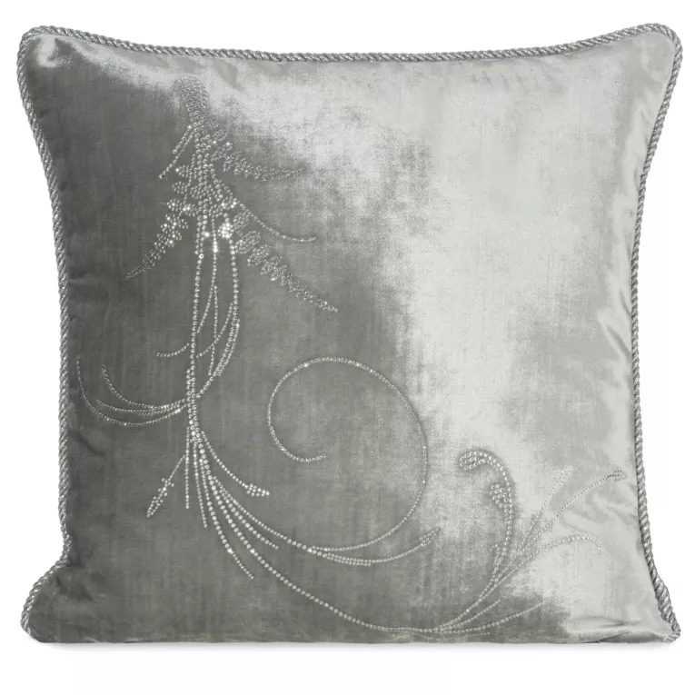 Poszewka na poduszkę 45x45 cm welwetowa zdobiona wzorem z kryształków i srebrnym sznurem na brzegach srebrna ROYAL 10 Eurofirany