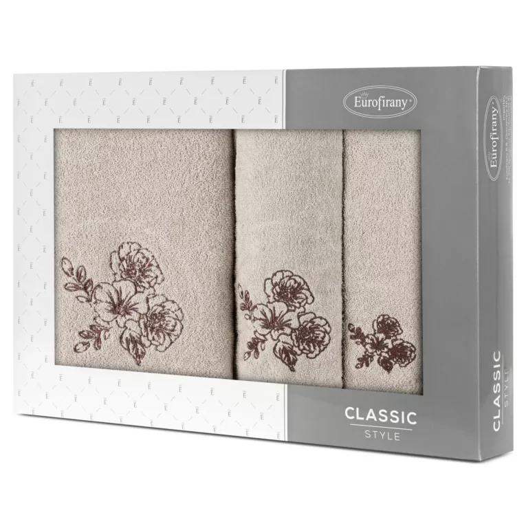 Zestaw ręczników bawełnianych 3 szt kolor beżowy, brązowy z haftem kwiatów 400 g/m2 MELANI Eurofirany