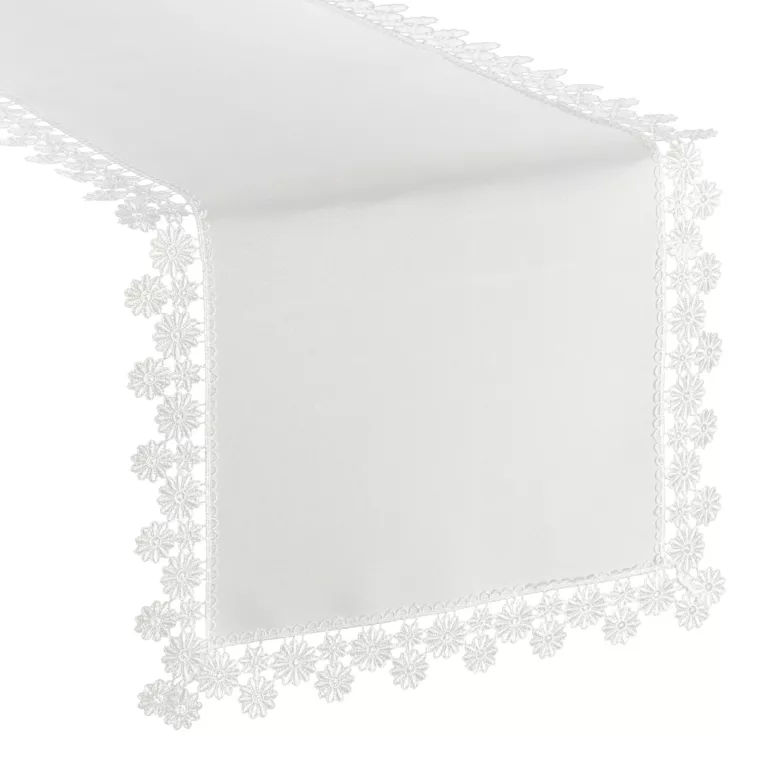 Bieżnik na stół 40x180 cm biały zdobiony haftowaną koronką - LAURA Eurofirany