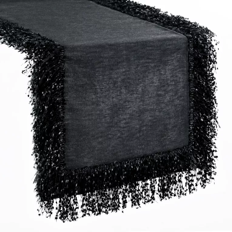 Bieżnik na stół czarny 40x140 cm JASPER zdobiony puszystymi frędzlami EUROFIRANY PREMIUM