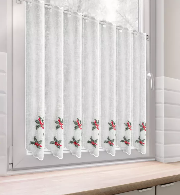 Tkanina firanowa zazdrostka z haftem świątecznym z motywem ostrokrzewu Eurofirany