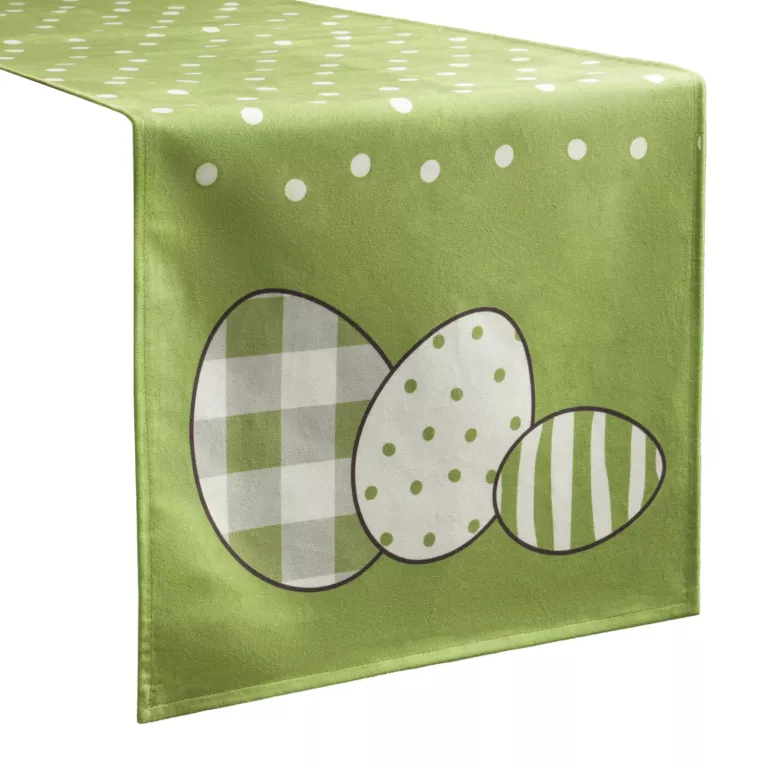 Bieżnik na stół 35x140 cm zielono, biały welwetowy WIOSNA 3 zdobiony nadrukiem pisanek