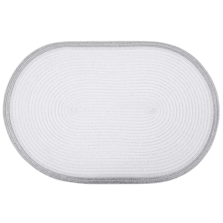 Podkładka owalna na stół biała 30 x 45 cm TIRANA strukturalna przetykana srebrną nicią z ozdobną lamówką
