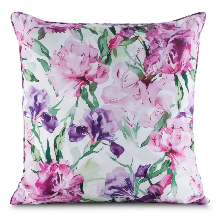 Poszewka na poduszkę 45x45 cm z tkaniny wodoodpornej na taras oraz balkon zdobiona nadrukiem subtelnych kwiatów różowo, fioletowa GARDEN Eurofirany