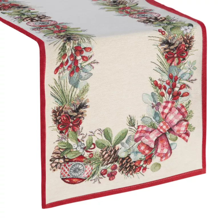 Świąteczny bieżnik naturalno, czerwony 40x100 cm gobelinowy zdobiony tkanym motywem świątecznym Eurofirany