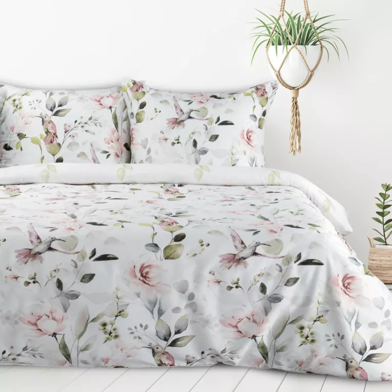 Pościel 220x200 cm z mieszanki włókien kolor biały, różowy z nadrukiem kwiatów LEA8 Design 91 Eurofirany