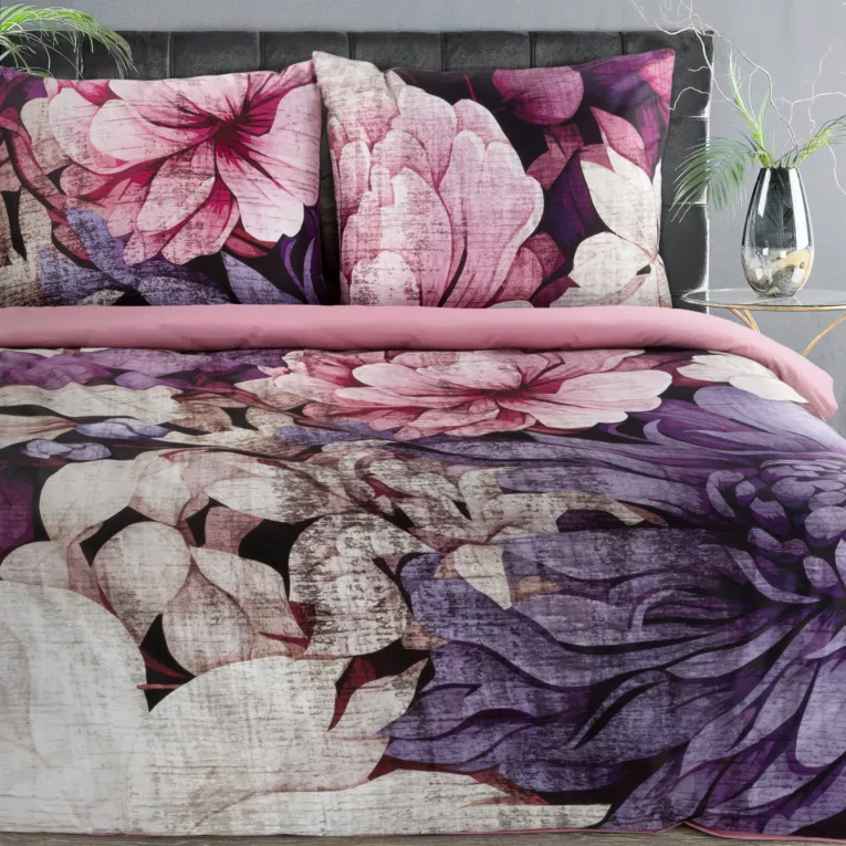 Pościel 220x200 cm bawełniana z makosatyny kolor fioletowy, różowy z botanicznym wzorem Reina Line Eurofirany