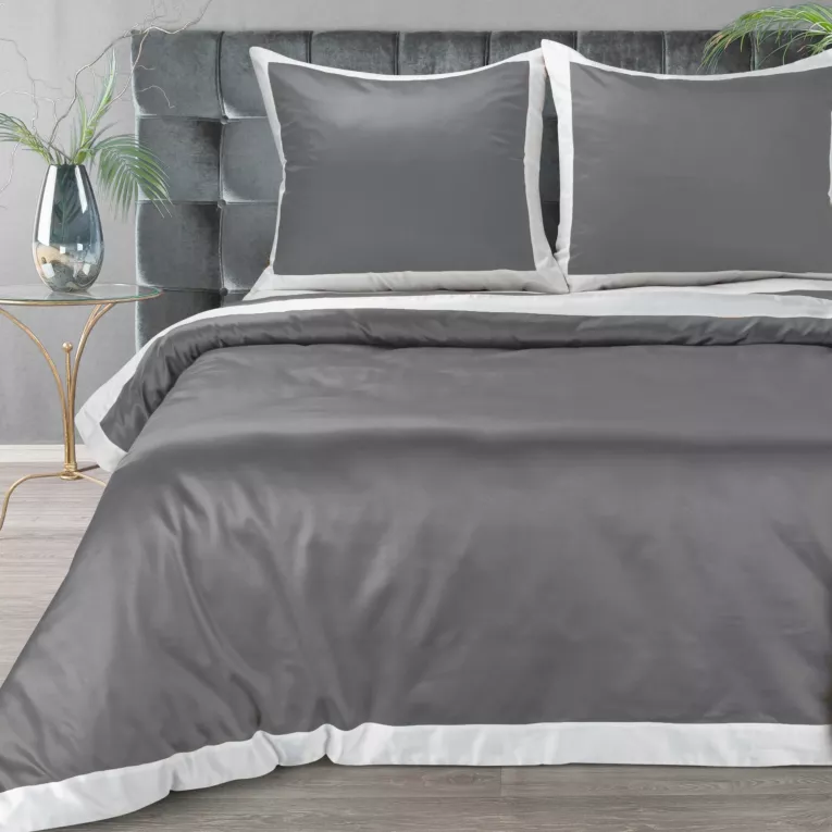 Pościel 220x200 cm z satyny bawełnianej kolor popielaty, biały z kontrastującą kantą LAURA Eurofirany