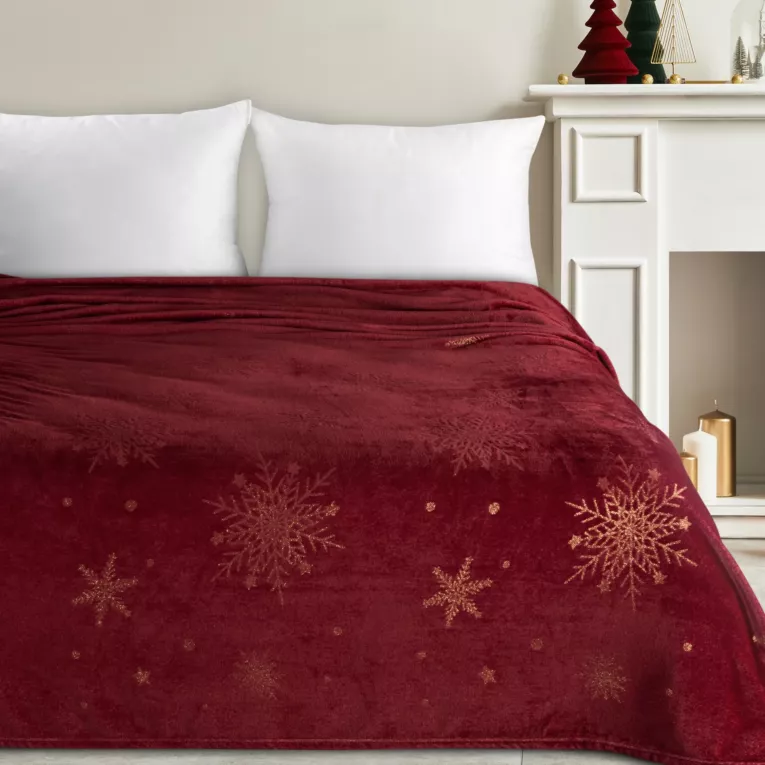 Koc świąteczny 150x200 cm bordowy, złoty zdobiony nadrukiem śnieżynek Eurofirany