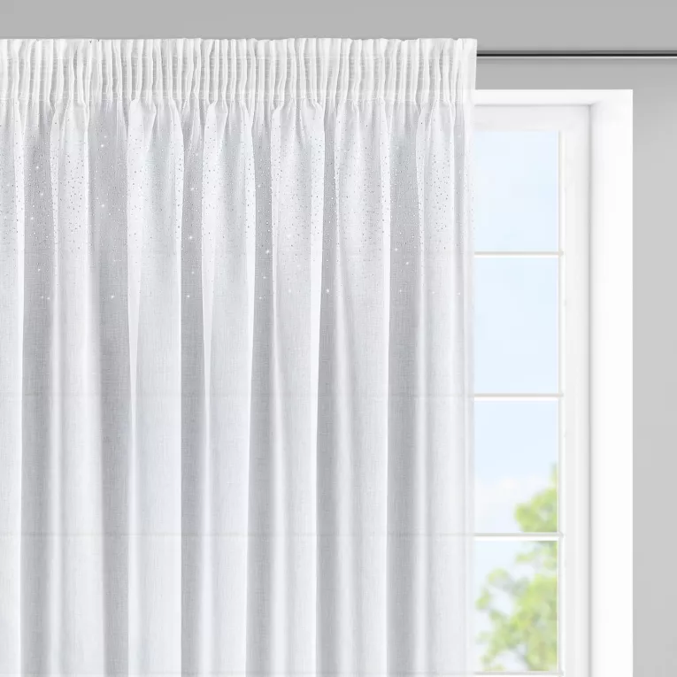 Nadine biała firana w stylu glamour z kryształkami 400x145 cm na taśmie