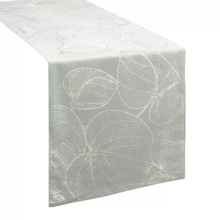 Bieżnik na stół popielato, złocisty 35x140 cm welwetowy BLINK 16 z dużym wzorem liści