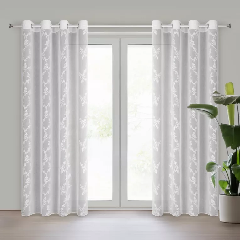 Firana biała z etaminy zdobiona roślinnym haftem 140x250 cm przelotka ANDY Eurofirany