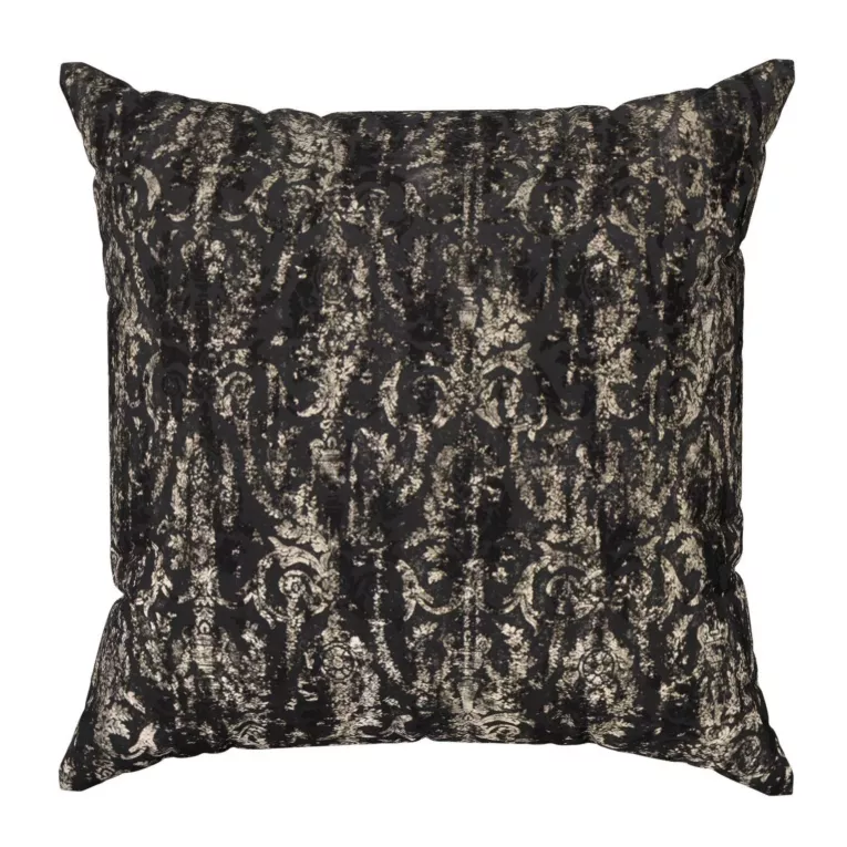 Poszewka szyta czarno złocista z grubej, welwetowej tkaniny, zdobiona delikatnie połyskującym nadrukiem