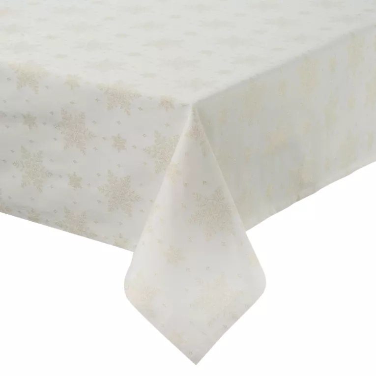 Obrus naturalny 135x180 cm z żakardowej tkaniny FLASH świąteczny z motywem śnieżynek przetykany złotą nicią
