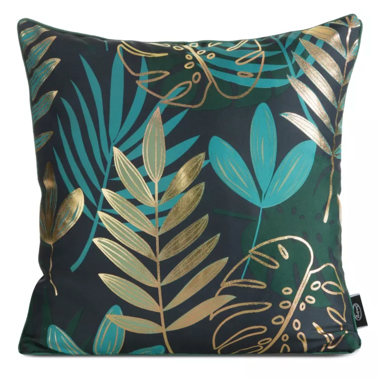 Poszewka na poduszkę 45x45 cm z tkaniny typu oxford zdobiona złotymi egzotycznymi liśćmi ciemnozielona MALTA Eurofirany