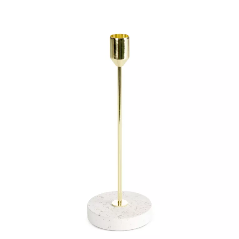 Świecznik dekoracyjny złoto, kremowy o smukłym uchwycie i kamiennej podstawie średnica 8x22 cm KORI Eurofirany