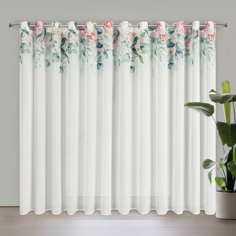 Dekoracja okienna biało, różowa zdobiona nadrukiem kwiatów 350x250 przelotka ALORA Eurofirany