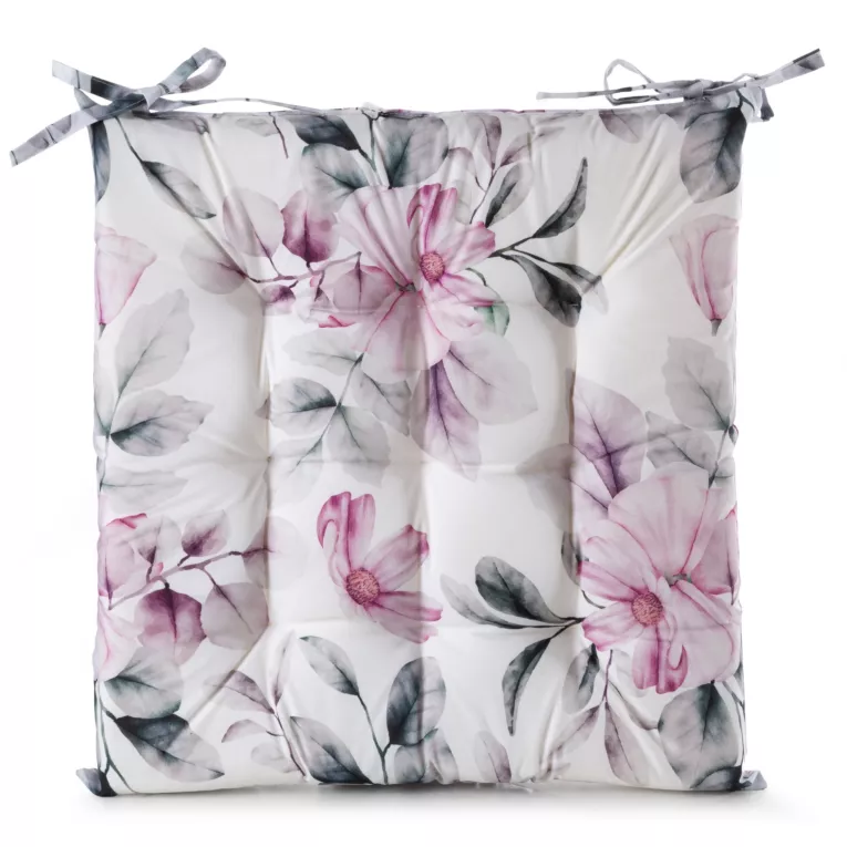 Poduszka na krzesło 40 x 40 x 5 cm wodoodporna kremowo, różowa zdobione roślinnym wzorem GARDEN Eurofirany