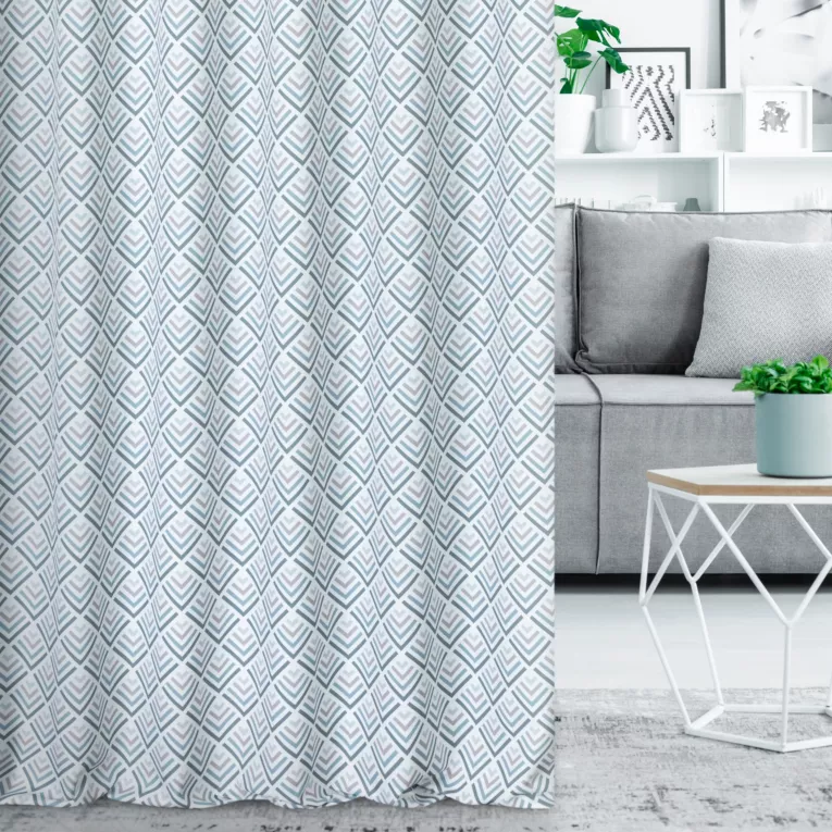 Zasłona szyta na taśmie fala jasnokremowo turkusowa z tkaniny o naturalnym splocie z nadrukowanym geometrycznym wzorem