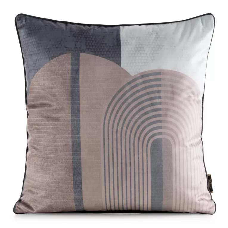 Poszewka na poduszkę 45x45 cm welwetowa zdobiona nadrukiem geometrycznym i ozdobną lamówką beżowo, brązowa VELVET 163 EUROFIRANY PREMIUM