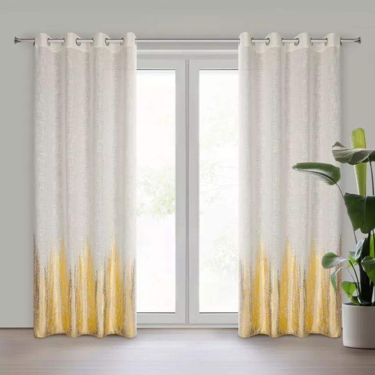 Zasłona naturalno, złocista zdobiona błyszczącym nadrukiem z dodatkiem lnu 135x250 cm przelotka IMANI Eurofirany