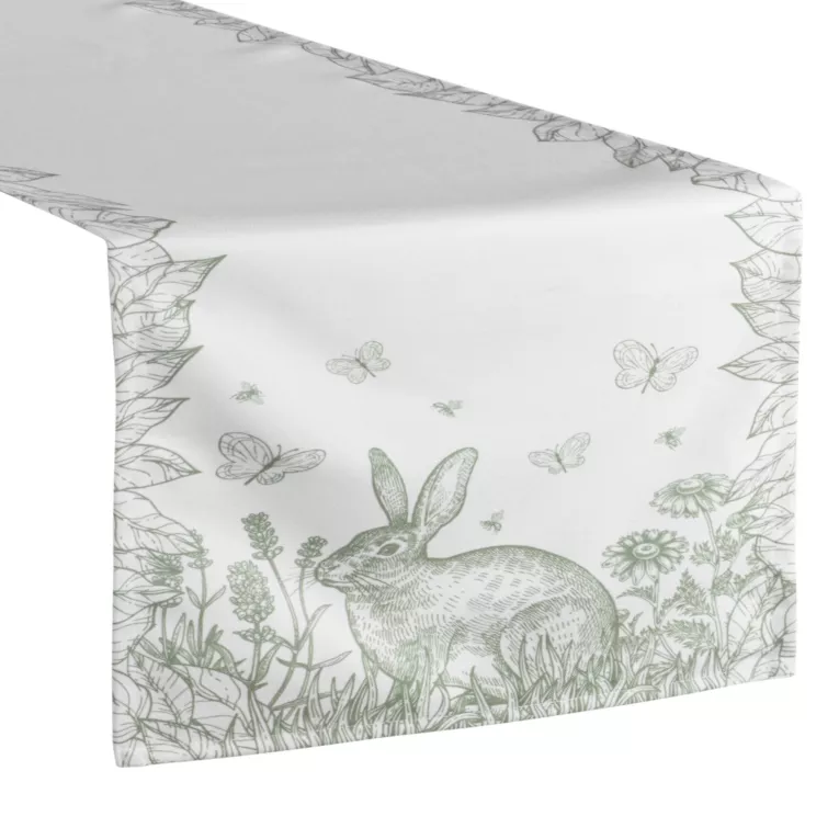 Bieżnik na stół kremowo, zielony 40x140 cm o strukturze lnu WIOSNA 6 z nadrukiem wiosennym