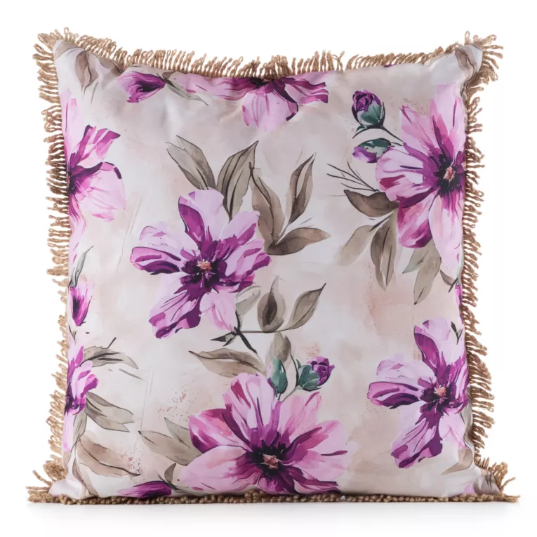 Poszewka na poduszkę 45x45 cm z tkaniny wodoodpornej na taras oraz balkon zdobiona nadrukiem kwiatów i frędzli kremowo, różowa GARDEN Eurofirany
