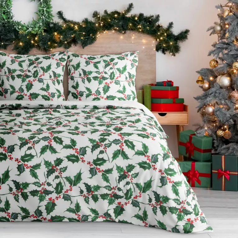 Pościel świąteczna 160x200 cm z mikrowłókna kolor biały, zielony TORI Eurofirany