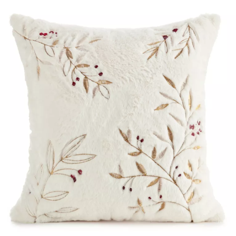 Poszewka na poduszkę świąteczna 45x45 cm kremowo, złota z przyjemnego futerka zdobiona haftem gałązek Eurofirany