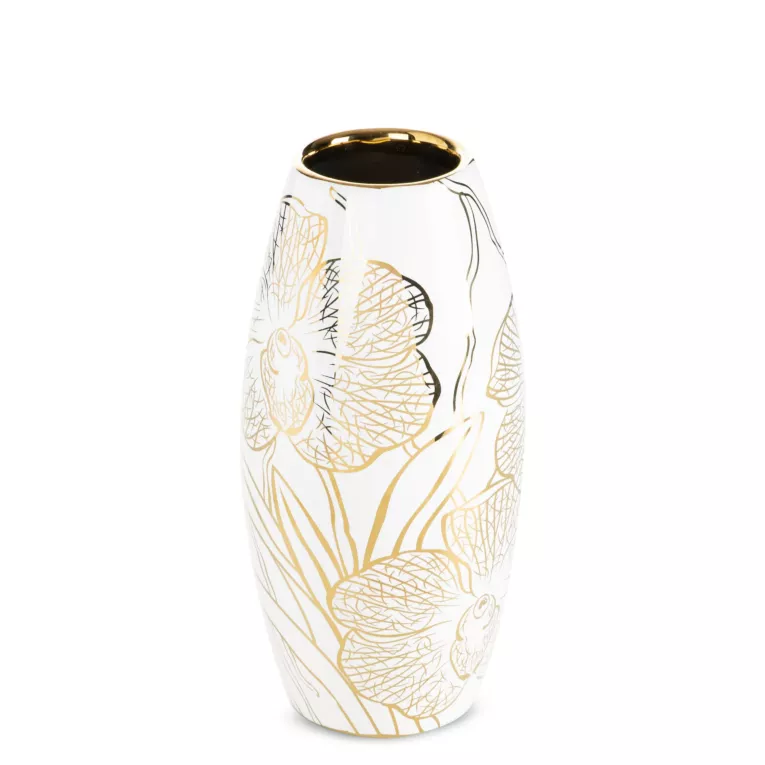 Wazon dekoracyjny biało, złoty zdobiony motywem roślinnym 12x25 cm GLEN Eurofirany