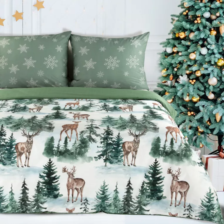 Pościel świąteczna 140x200 cm bawełniana kolor jasnozielony, biały z motywem zimowego lasu FOREST Eurofirany