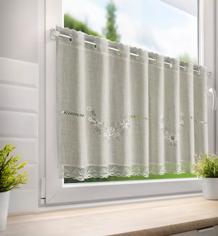 Zazdrostka beżowa z etaminy  zdobiona haftowanymi kwiatami 150x60 cm oczka VERONICA  Eurofirany