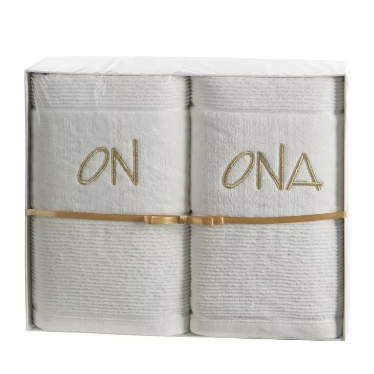 Zestaw ręczników bawełnianych na prezent 2 szt 70x140 cm kolor biały, złoty z haftem ONA ON Eurofirany