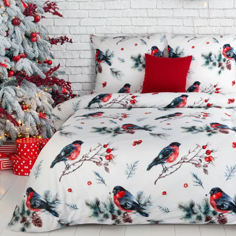 Pościel świąteczna 160x200 cm bawełniana kolor biały, granatowy z motywem ptaszków FINN Eurofirany
